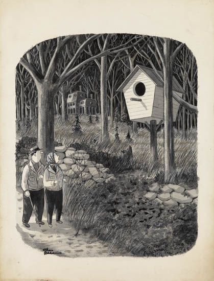 CHARLES ADDAMS. Couple passing a giant bird house.